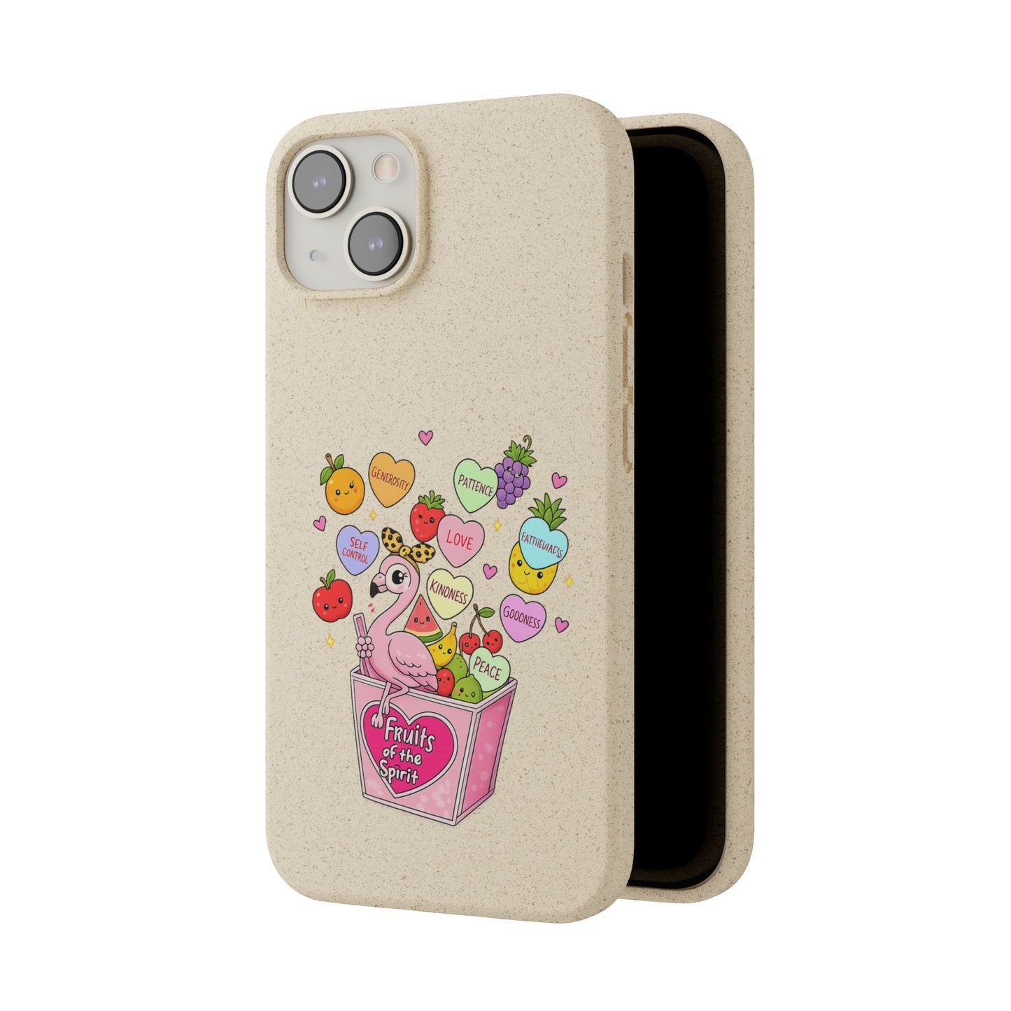 Biodegradable Phone Case — Cute Flamingo & Fruit Hearts "Fruity Love" Eco-Friendly iPhone Cover