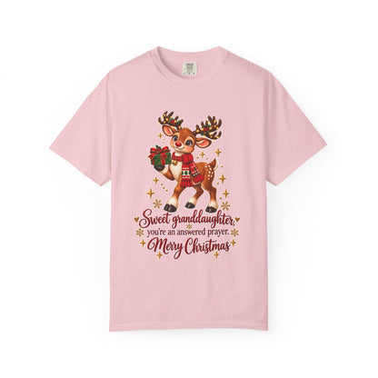 Christmas Reindeer T-Shirt — "Sweet Granddaughter You're an Answered Prayer" Holiday Tee
