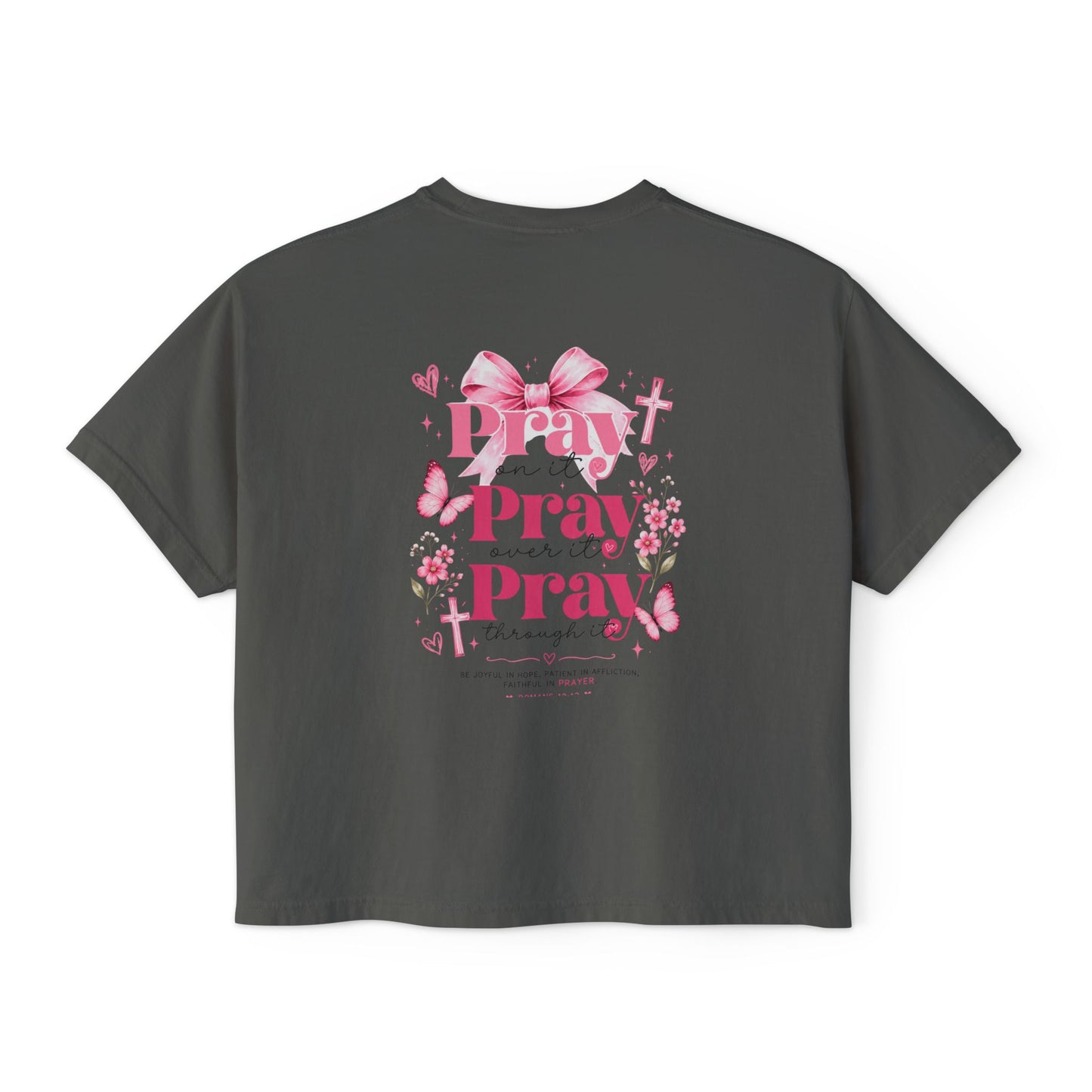 Women's Boxy Tee — Pink Floral Cross "Pray" Christian Graphic Shirt