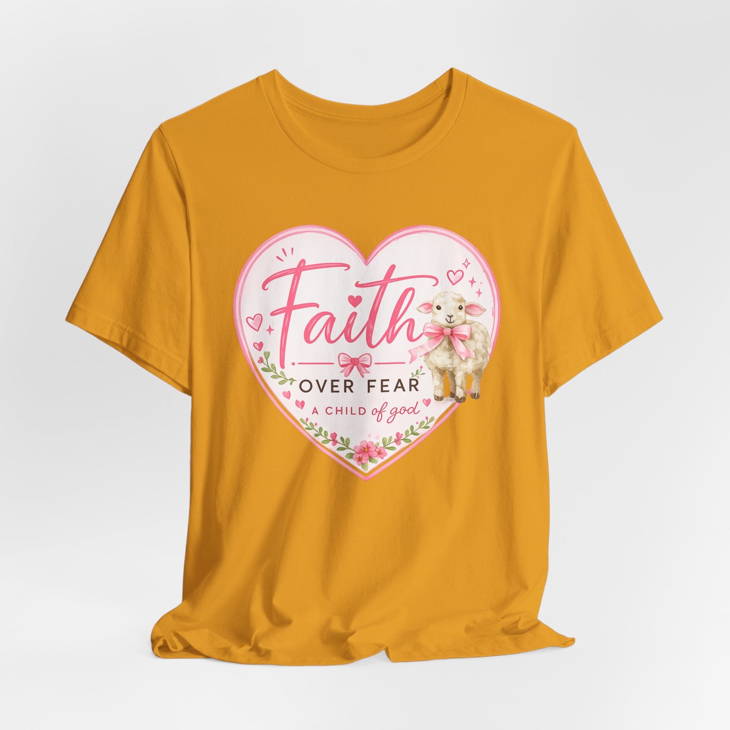 Faith Over Fear Heart T‑Shirt — Pink Floral Lamb Christian Tee