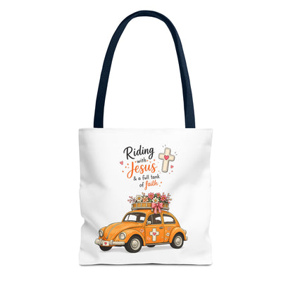 Christian Tote Bag — “Riding with Jesus” Floral Beetle Illustration