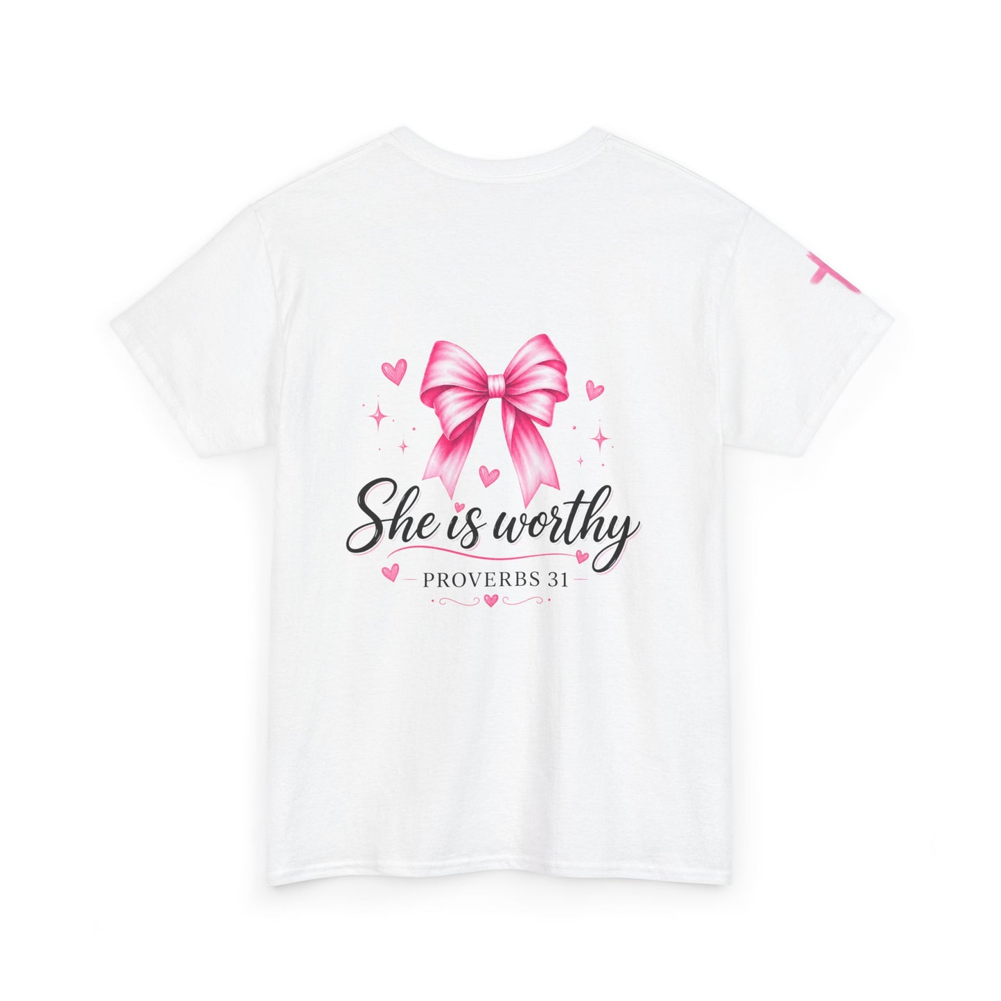 She Is Worthy T-Shirt — "I Know Jesus Loves Me" Pink Bow Christian Tee (Proverbs 31)