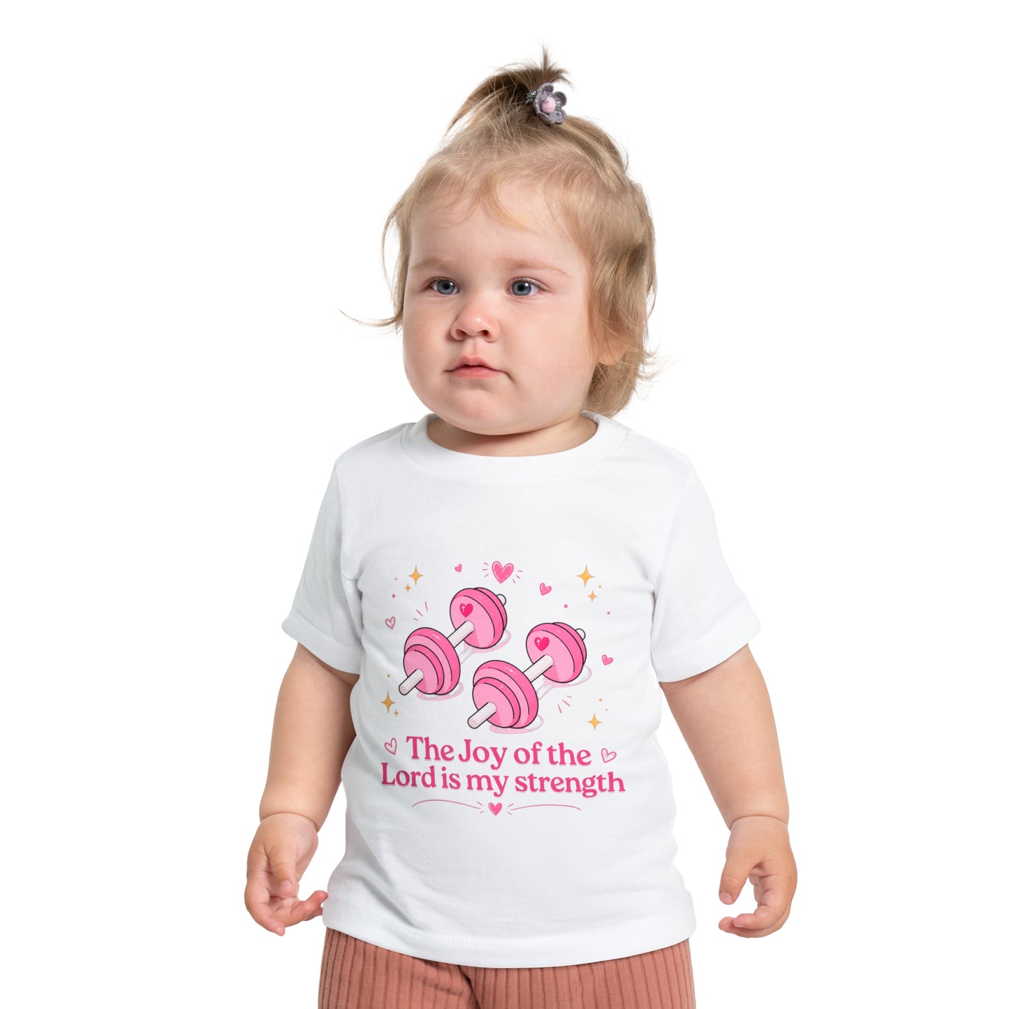 Baby Tee — "The Joy of the Lord is My Strength" Pink Dumbbell Christian Infant Shirt