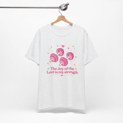 Christian Fitness T-Shirt — “The Joy of the Lord is My Strength” Pink Dumbbells Tee