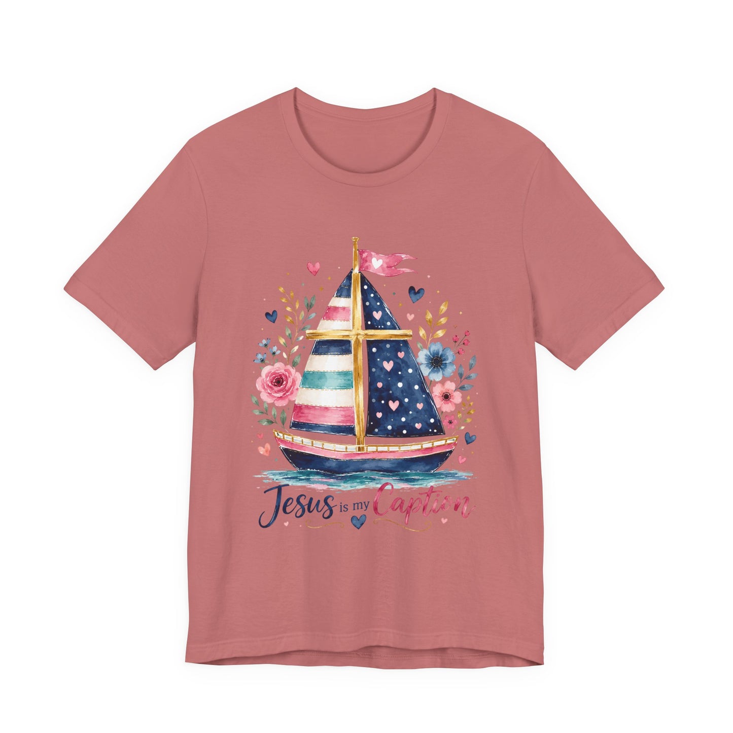 Jesus Is My Caption Sailboat T-Shirt — Floral Patriotic Christian Tee