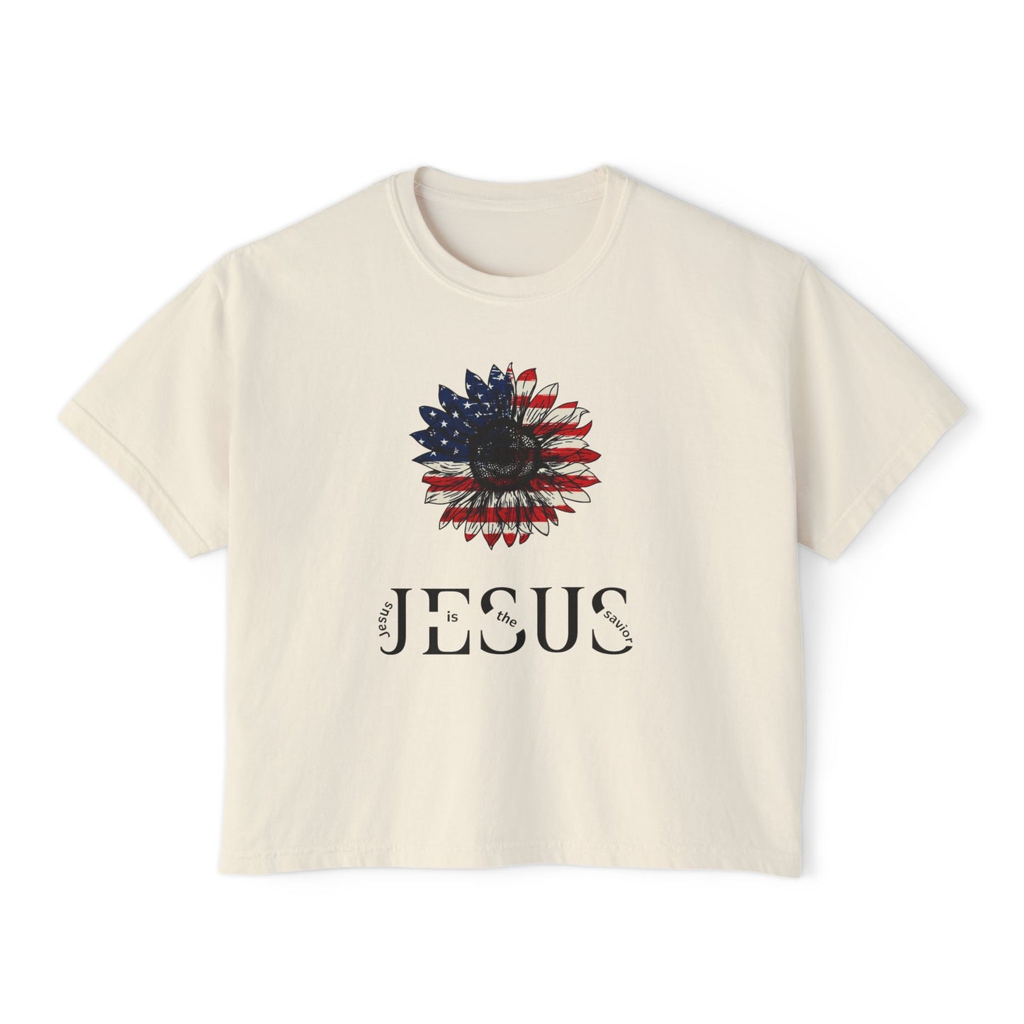 Women's Boxy Tee — American Flag Sunflower 'Jesus' Front & 'Created with a Purpose' Back