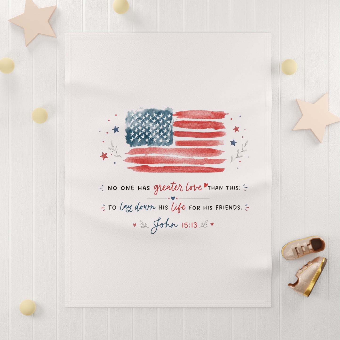 Patriotic Baby Blanket — John 15:13 American Flag Fleece Gift for Newborns & Baptisms