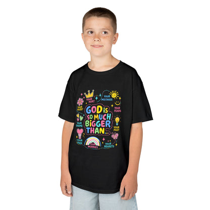 UNISEX Kids Tee — "God Is So Much Bigger Than" Colorful Faith Graphic