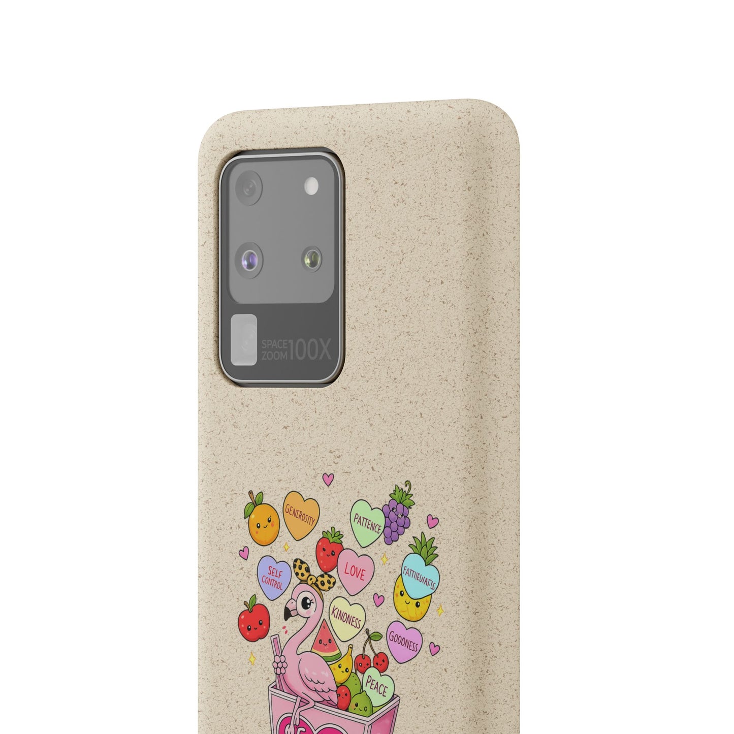 Biodegradable Phone Case — Cute Flamingo & Fruit Hearts "Fruity Love" Eco-Friendly iPhone Cover