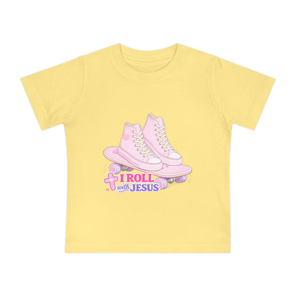 Baby T-Shirt — Pink Roller Skates "I Roll with Jesus" | Christian Infant Tee