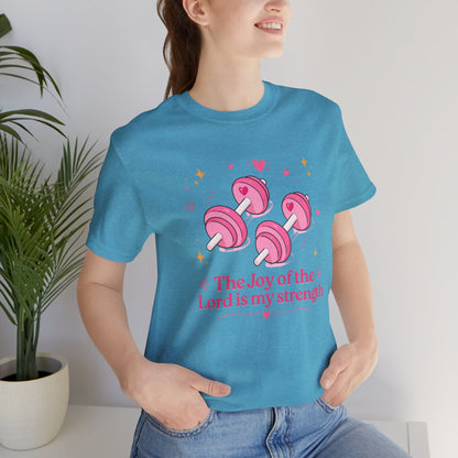 Christian Fitness T-Shirt — “The Joy of the Lord is My Strength” Pink Dumbbells Tee