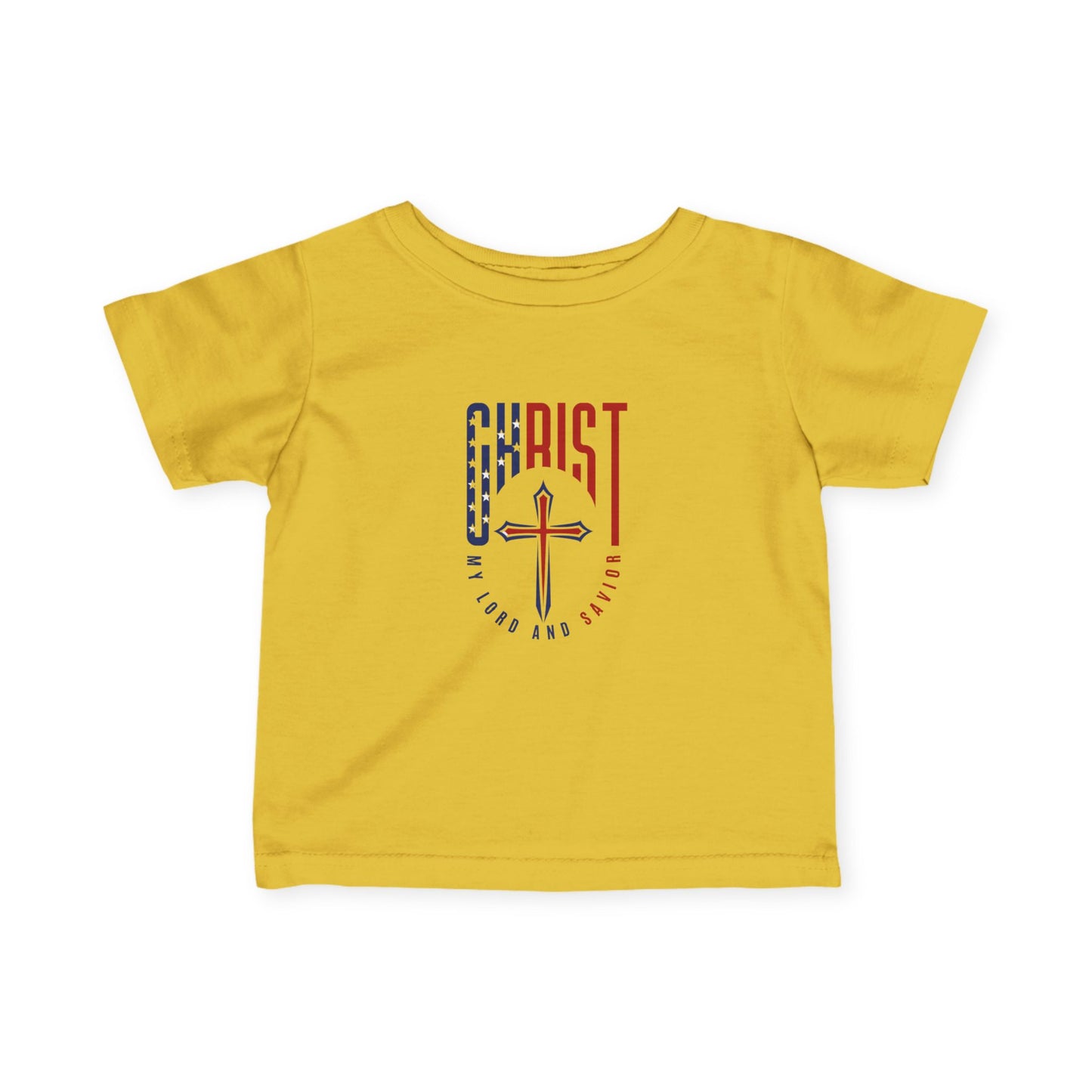 Infant Tee — "Christ Is Lord" Red & Blue Cross Baby Shirt
