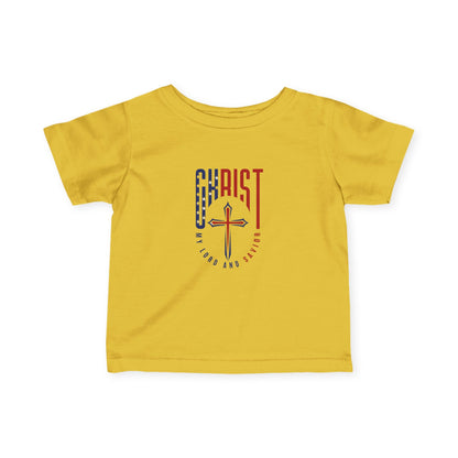 Infant Tee — "Christ Is Lord" Red & Blue Cross Baby Shirt