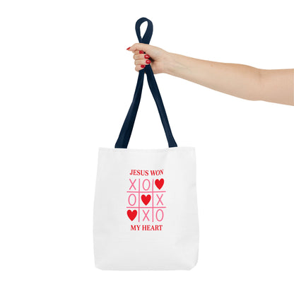 Tote Bag — "Jesus Won My Heart" Christian Scripture Heart Tic‑Tac‑Toe Design