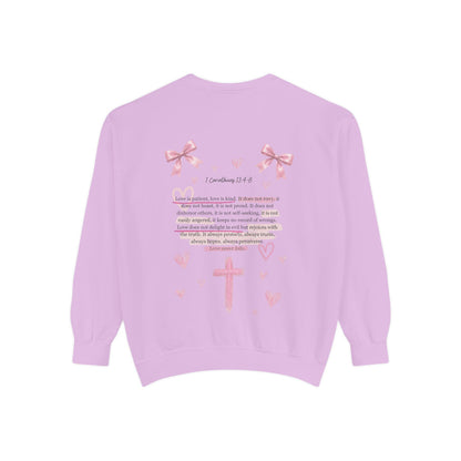 Christian Cross Sweatshirt — Pink Faith Message Garment-Dyed Crewneck