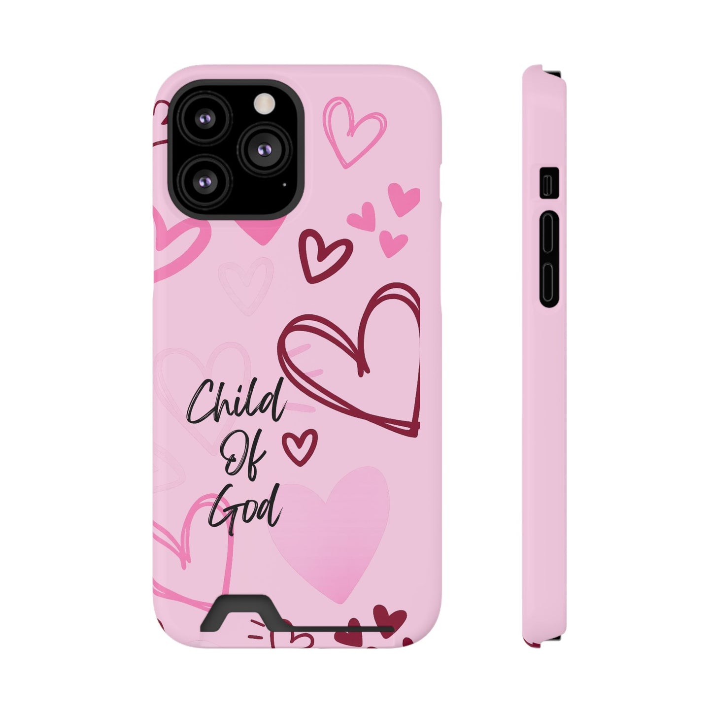 Pink "Child of God" Phone Card Case — Heart Pattern Religious Phone Case with Card Holder