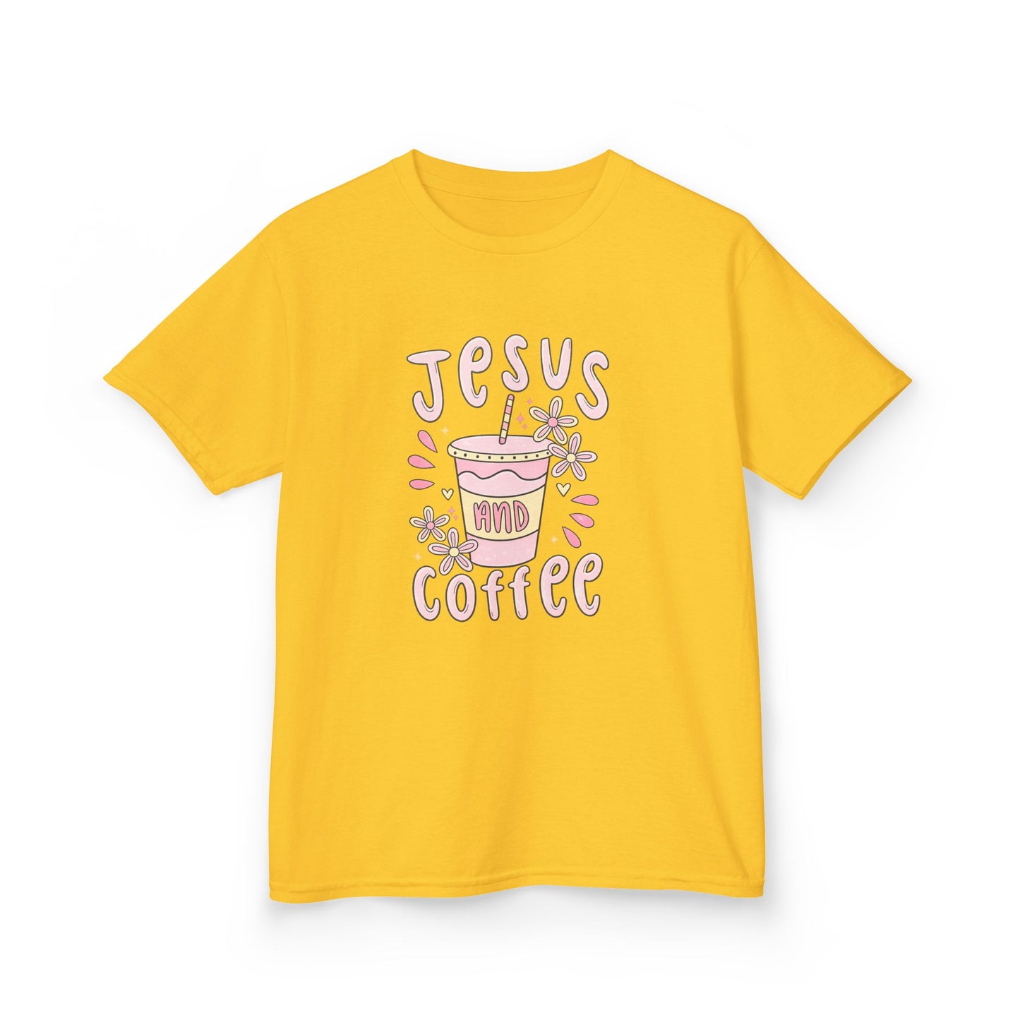 Kids Tee — “Jesus & Coffee” Cute Pastel Faith Graphic