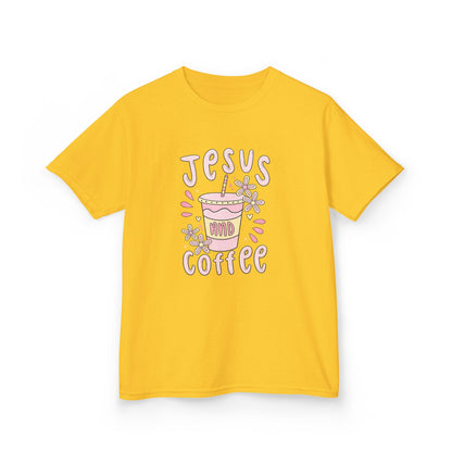 Kids Tee — “Jesus & Coffee” Cute Pastel Faith Graphic
