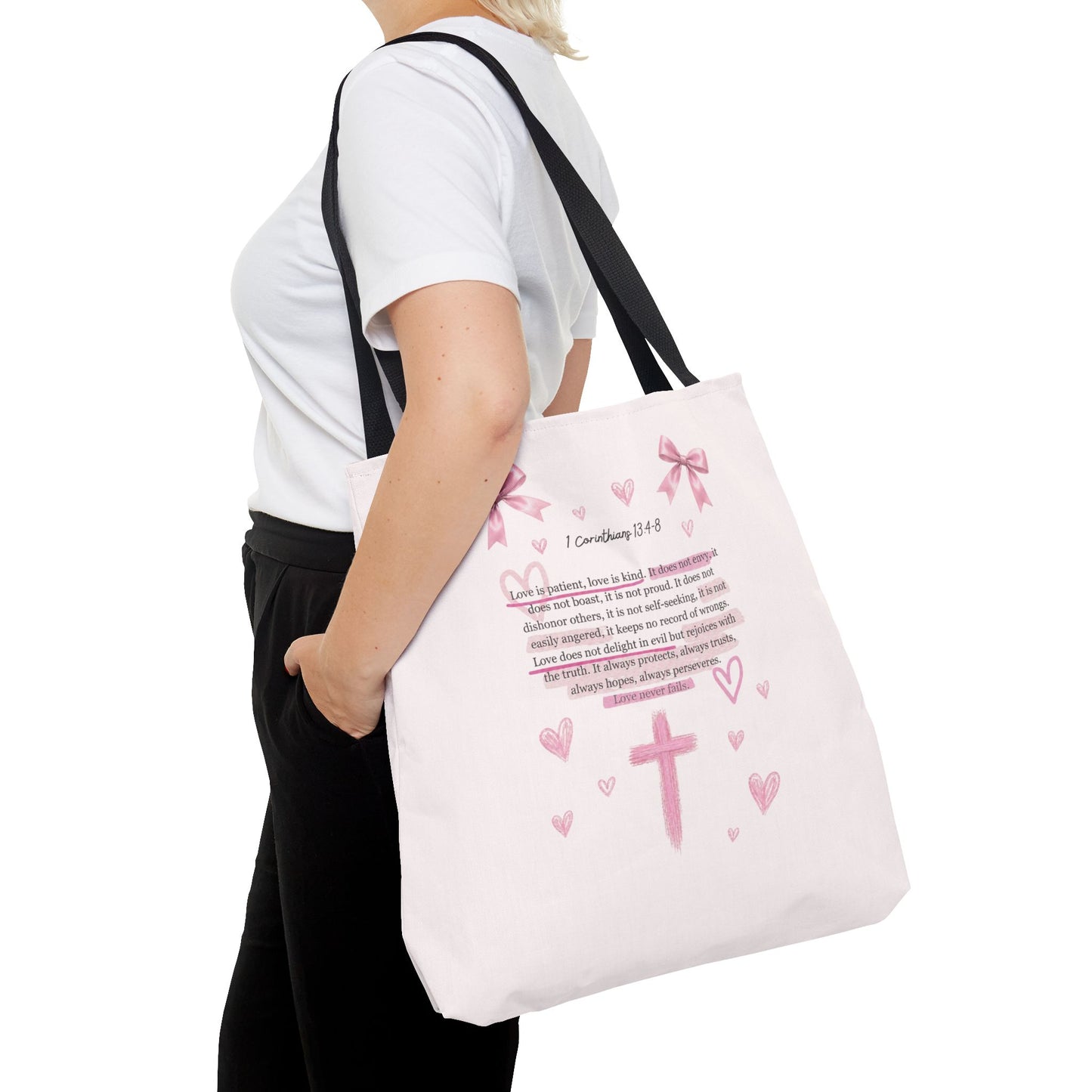 Pink Faith Tote Bag — Inspirational Cross & Rainbow AOP Tote