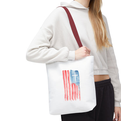 Patriotic Faith Tote Bag — Watercolor Flag with Cross & "Blessed By the Lord" Scripture