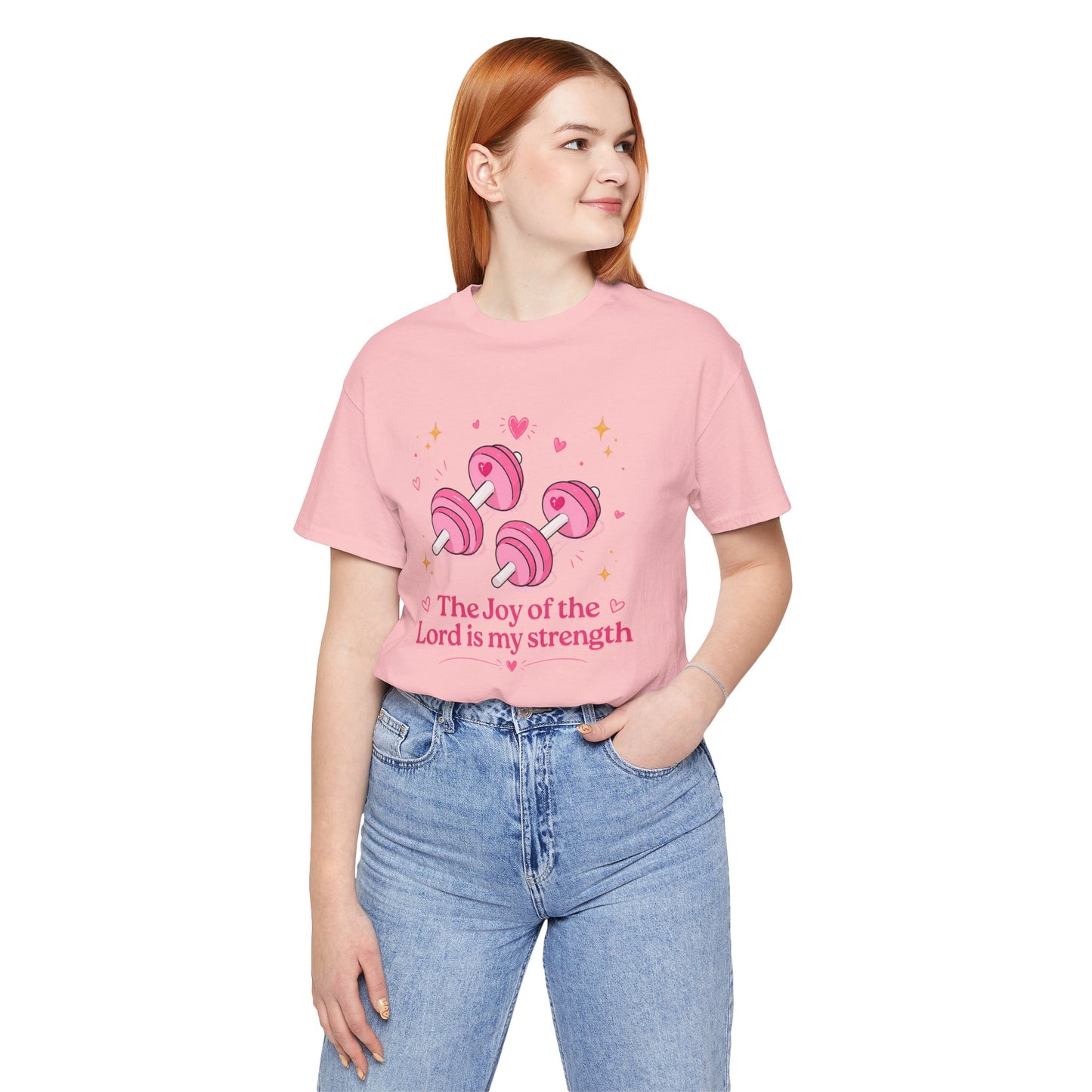 Christian Fitness T-Shirt — “The Joy of the Lord is My Strength” Pink Dumbbells Tee