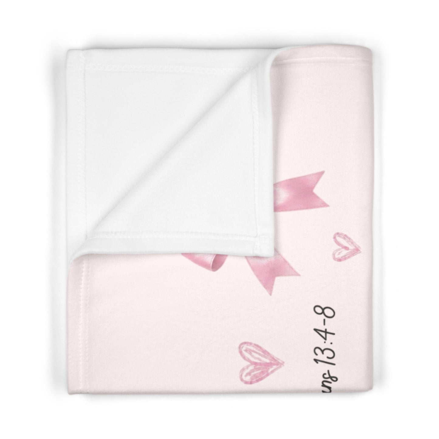 Baby Blanket — Pink ‘1 Corinthians 13:4-8’ Faith Cross with Hearts & Bows