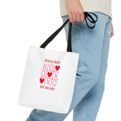 Tote Bag — "Jesus Won My Heart" Christian Scripture Heart Tic‑Tac‑Toe Design