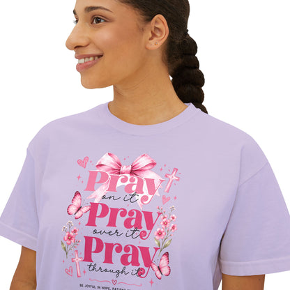 Pray Pray Pray Women's Boxy Tee — Pink Faith Floral Graphic