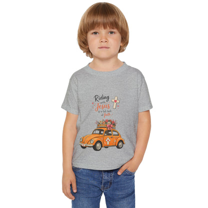 Toddler T-Shirt - "Riding with Jesus" Orange Car Christian Kids Tee