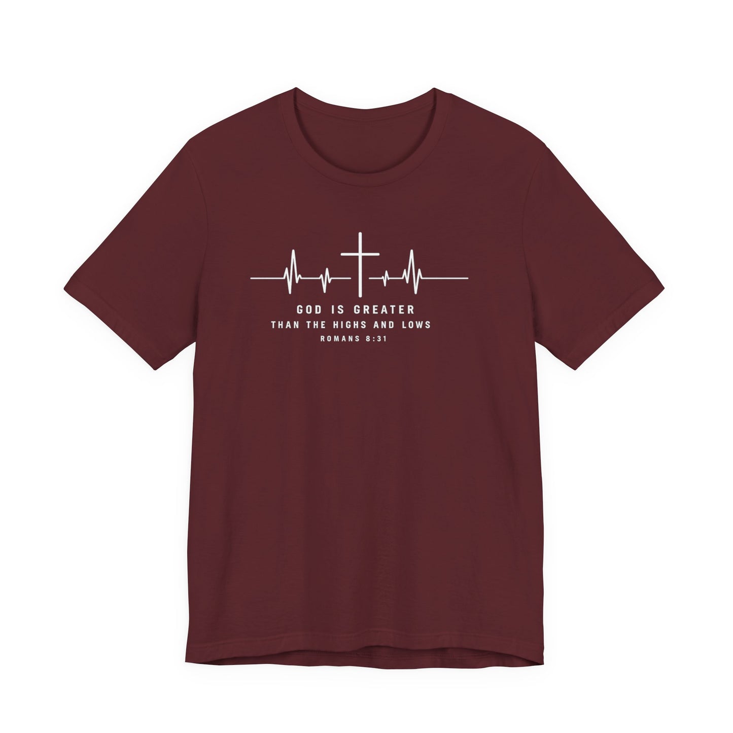 Christian Cross Heartbeat T-Shirt – "God is Greater Than the Highs and Lows" Faith Tee