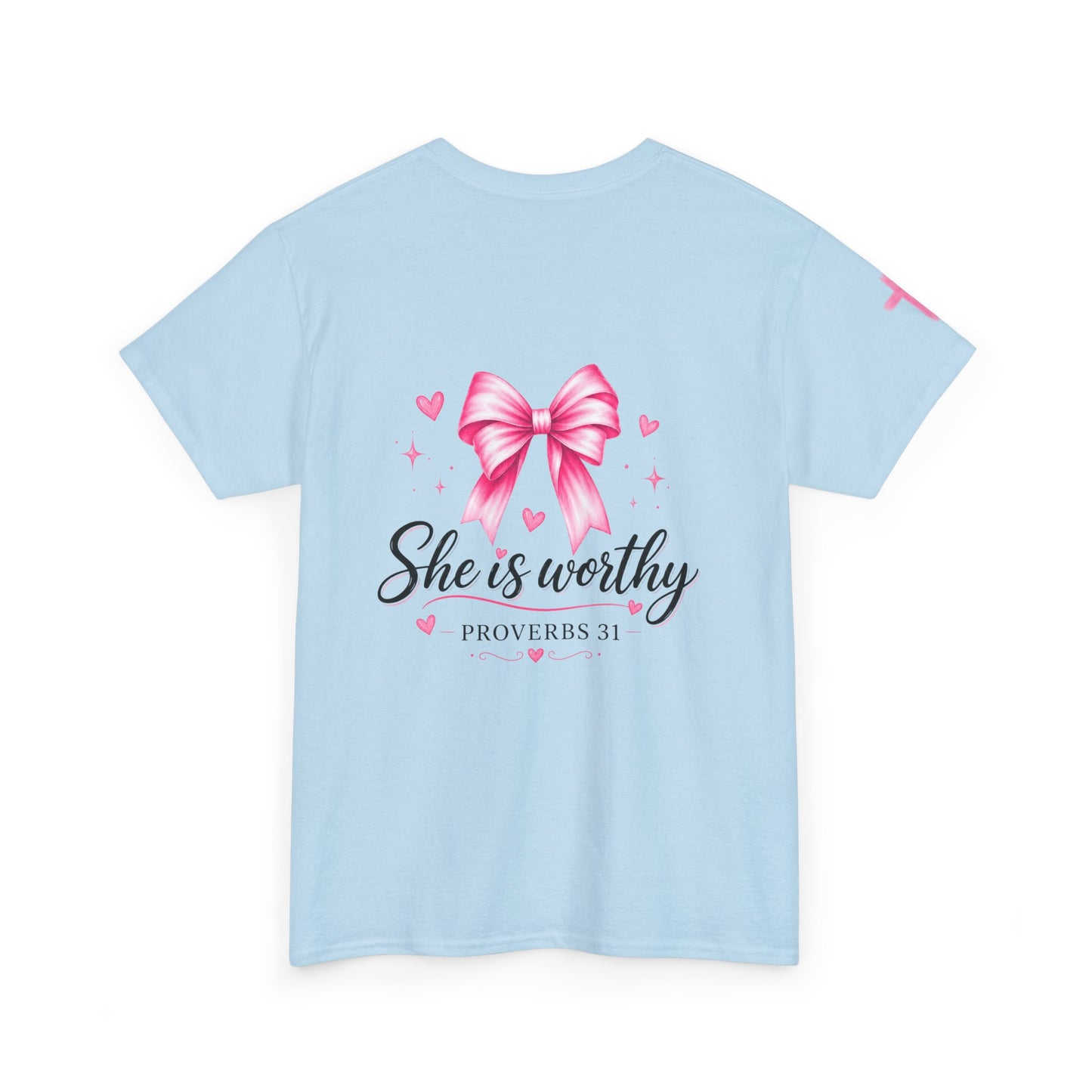 She Is Worthy T-Shirt — "I Know Jesus Loves Me" Pink Bow Christian Tee (Proverbs 31)