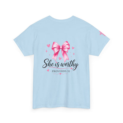 She Is Worthy T-Shirt — "I Know Jesus Loves Me" Pink Bow Christian Tee (Proverbs 31)