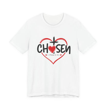 Chosen Heart Christian T-Shirt — "Chosen" with Cross & 1 Peter 2:9 Faith Tee