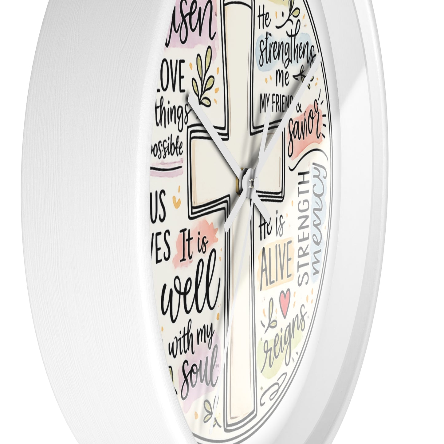 Christian Cross Wall Clock — Inspirational Scripture Quote Home Decor (He is Risen • It Is Well • Jesus Loves Me)