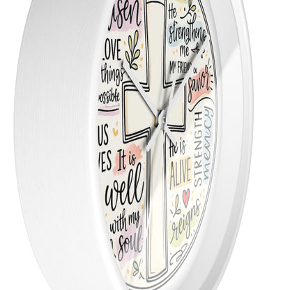Christian Cross Wall Clock — Inspirational Scripture Quote Home Decor (He is Risen • It Is Well • Jesus Loves Me)