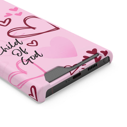 Pink "Child of God" Phone Card Case — Heart Pattern Religious Phone Case with Card Holder