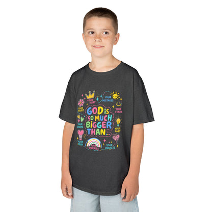 UNISEX Kids Tee — "God Is So Much Bigger Than" Colorful Faith Graphic