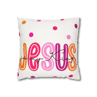Square Pillow - "Jesus is My King" Colorful Polka Dot Canvas Throw Pillow