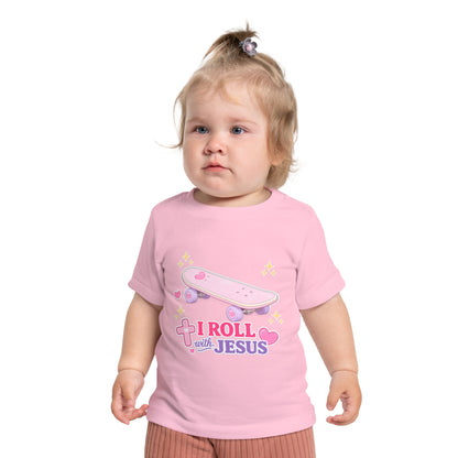 Baby T-Shirt - "I Roll with Jesus" Pink Skateboard Christian Infant Tee