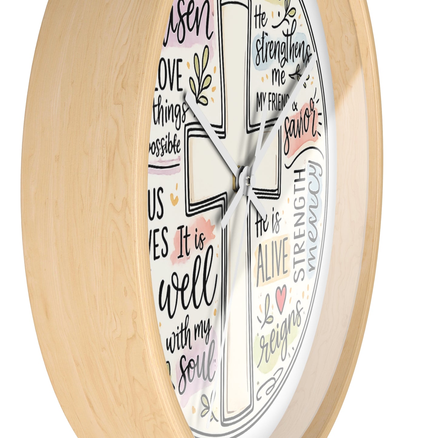 Christian Cross Wall Clock — Inspirational Scripture Quote Home Decor (He is Risen • It Is Well • Jesus Loves Me)