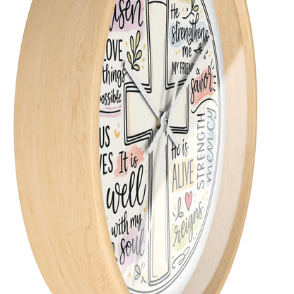 Christian Cross Wall Clock — Inspirational Scripture Quote Home Decor (He is Risen • It Is Well • Jesus Loves Me)
