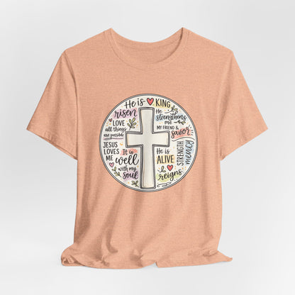Christian Cross Faith T-Shirt — He Is Risen Inspirational Graphic Tee