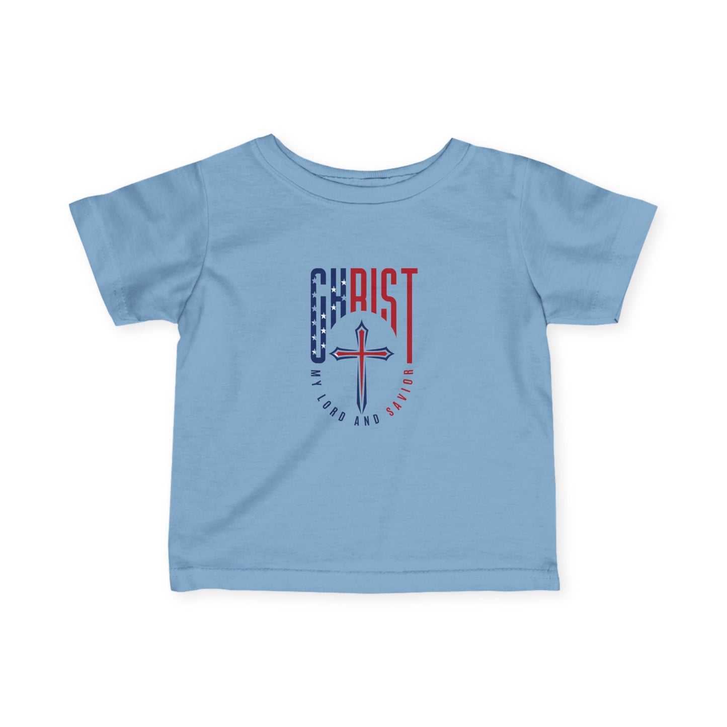 Infant Tee — "Christ Is Lord" Red & Blue Cross Baby Shirt