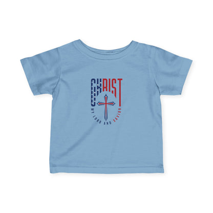 Infant Tee — "Christ Is Lord" Red & Blue Cross Baby Shirt