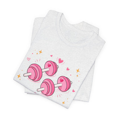 Christian Fitness T-Shirt — “The Joy of the Lord is My Strength” Pink Dumbbells Tee