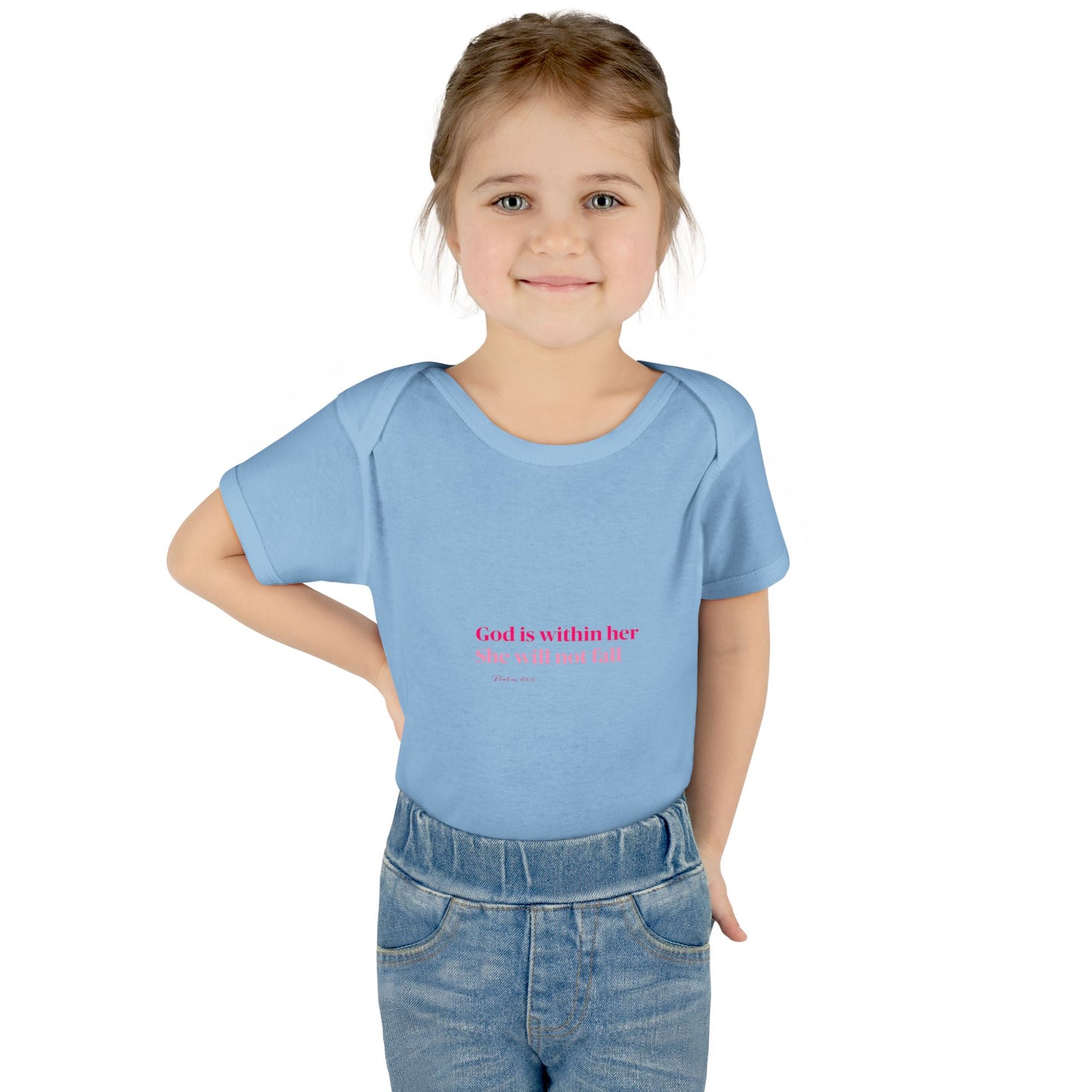 Infant Bodysuit – "God Is Within Her She Will Not Fall" Pink Cross Christian Baby Onesie