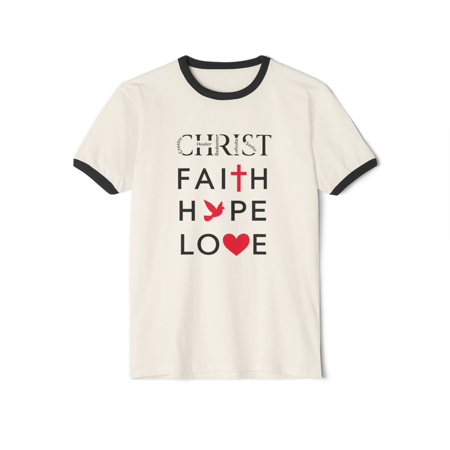 Christian Ringer T-Shirt — 'CHRIST' Front / 'JESUS' Back Religious Tee