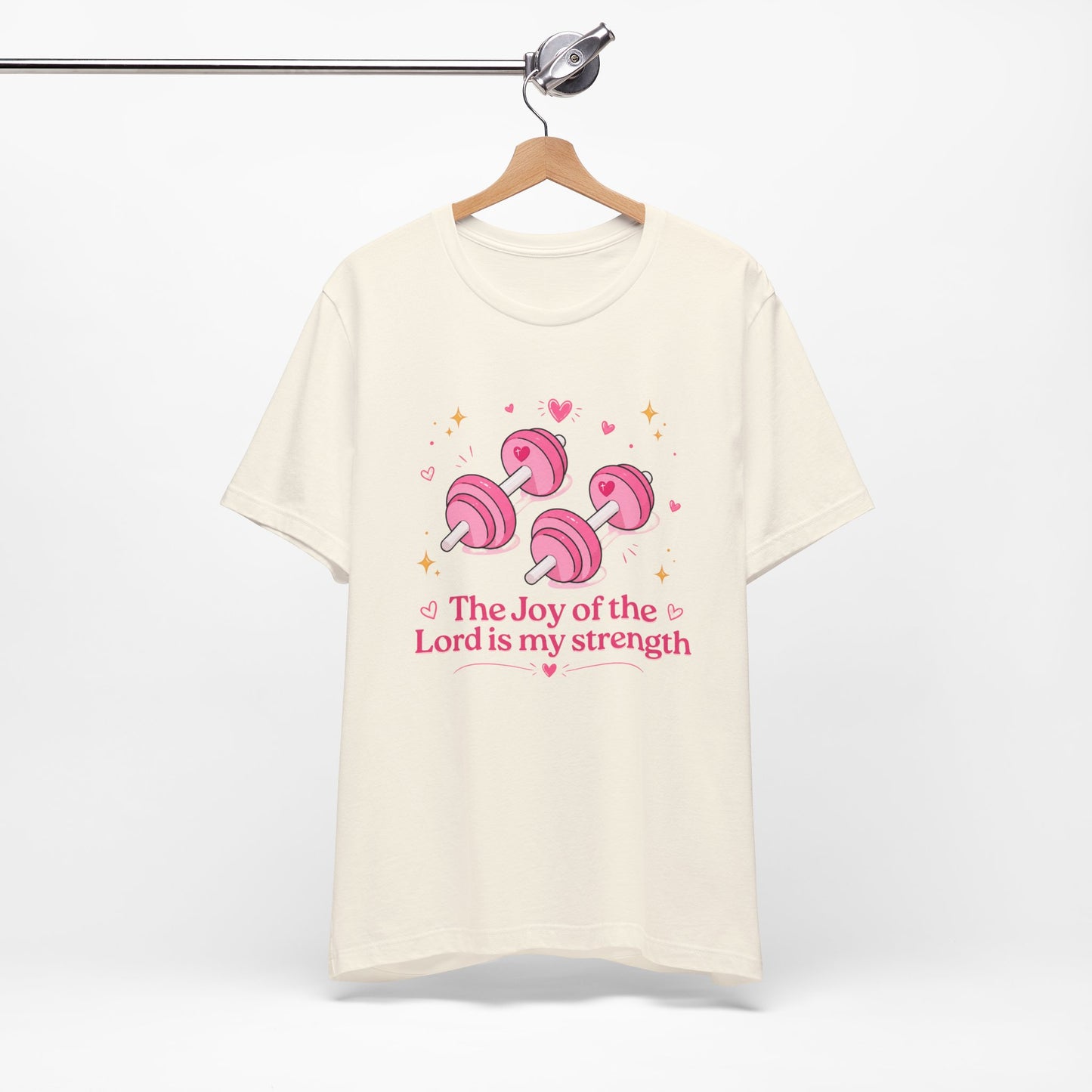 Christian Fitness T-Shirt — “The Joy of the Lord is My Strength” Pink Dumbbells Tee