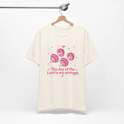 Christian Fitness T-Shirt — “The Joy of the Lord is My Strength” Pink Dumbbells Tee