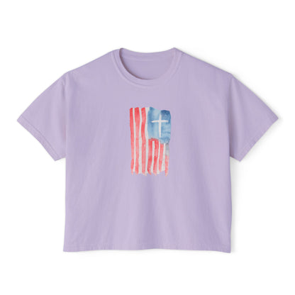 Blessed Tee — Women’s Boxy Christian T-Shirt with Flag Cross (Psalm 33:12)